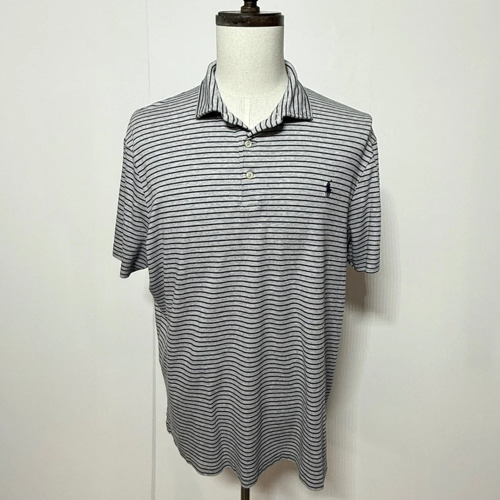 Polo Ralph Lauren Shirt Mens XL Grey Blue Striped Stretch Polo Short Sleeve Pony